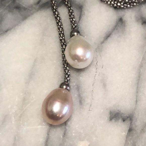 VTG Sterling Silver Popcorn Link Lariat Chain w Pink & White Pearl Drop 17”/2.5” - Picture 7 of 9